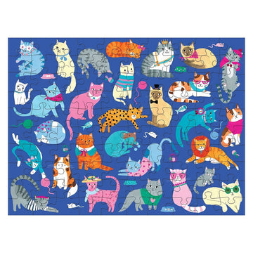 Two-sided puzzle box with illustrations of cats and dogs on a blue background.