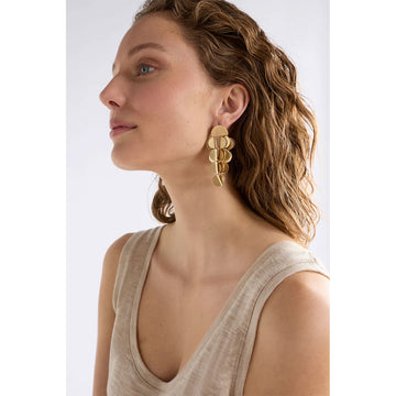 Pair of silver disc earrings on a white background.