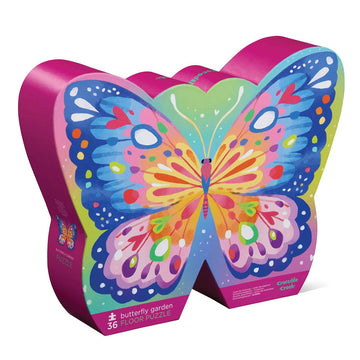 A puzzle box shaped like a butterfly in pink and blue.