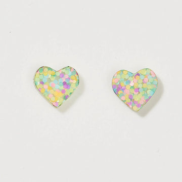 A pair of heart shaped stud earrings with pastel glitter.