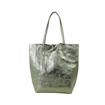 Khaki green metallic tote bag on a white background.