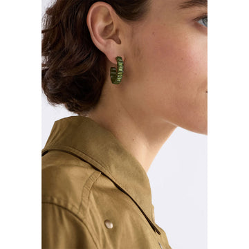 Pair of green hoop earrings with a zig zag shape on a white background.