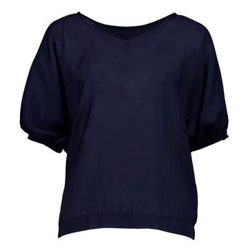 Front view of a navy top with short sleeves.