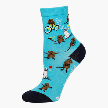 Blue sock with quokka illustrations on a white background.