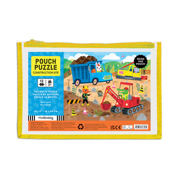 Pouch puzzle packaging with construction site theme and colorful illustration of vehicles and workers.