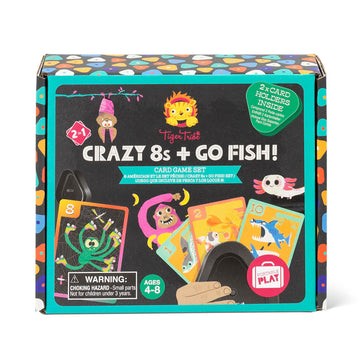 A black box titled 'Crazy 8s + Go Fish!' with illustrations of the cards inside in a card holder.