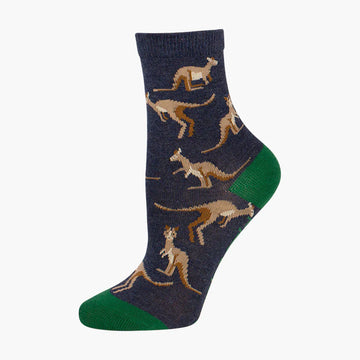 Navy sock with kangaroo pattern on a white background.