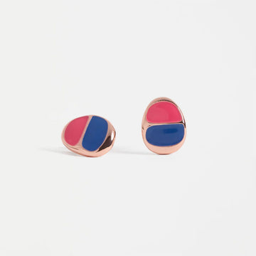 Pair of earrings with pink and blue design on a white background.
