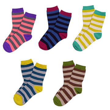 Five pairs of striped socks in different colours.