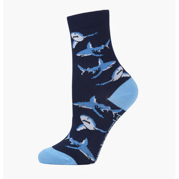 Navy sock with shark pattern on a white background.