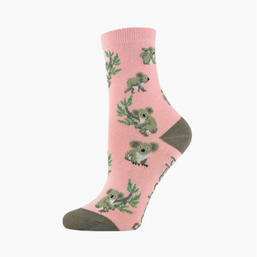 Pink sock with koala and leaf pattern on a white background.