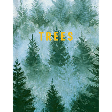 'Trees' book cover featuring a painting of pine trees.