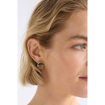 Pair of gold earrings with half green and half brown design on a white background.