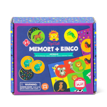 A box titled 'Memory + Bingo' with illustrations of round tokens with animals and a board.
