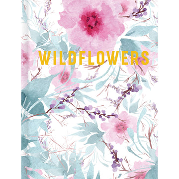 'Wildflowers' book cover featuring a watercolour painting of pink flowers and green leaves.