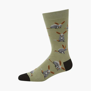 Khaki green socks with bilby pattern on a light green background.