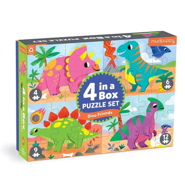 Mudpuppy 4-in-a-Box puzzle set with colorful dinosaur illustrations on a white background.
