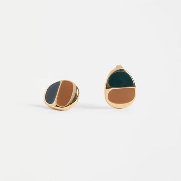 Pair of gold earrings with half green and half brown design on a white background.