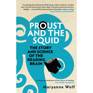 Book cover of 'Proust and the Squid' with blue squiggle design and text about neuroscience and reading.