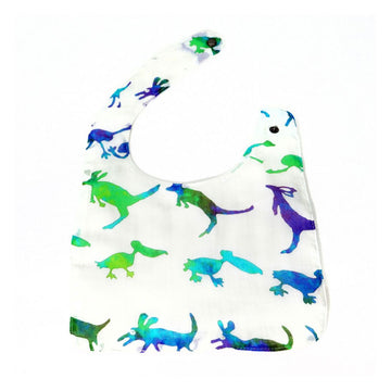 Baby bib with colorful animal pattern on a white background.