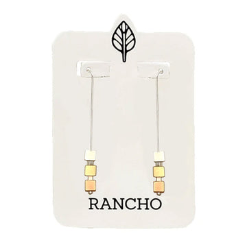Earrings on a Rancho branded card with a white background.