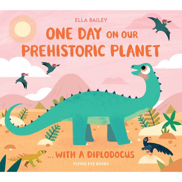 'One Day on our Prehistoric Planet' book cover featuring an illustration of a green dinosaur with smaller dinosaurs around.