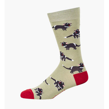 A khaki sock illustrated with Tasmanian devils.