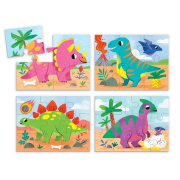 Mudpuppy 4-in-a-Box puzzle set with colorful dinosaur illustrations on a white background.