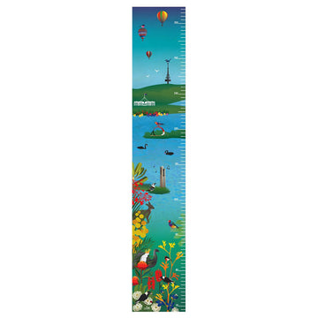 A height chart illustrated with Canberra icons including Telstra Tower, Parliament House and the loop at the Museum. There are also illustrations of birds, flowers and Australian animals.