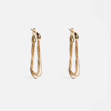 Pair of gold hoop mesh chain earrings on a white background.