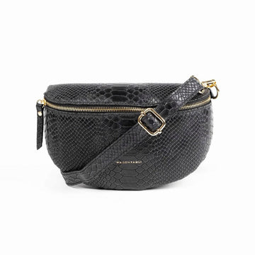 A bum bag with a snakeskin texture in black.