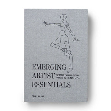 A grey textured box titled 'Emerging Artist Essentials' with a line drawing of a wood mannequin.