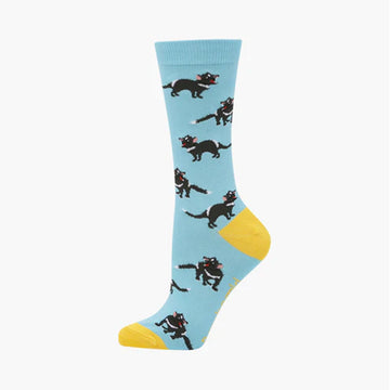 Blue sock with Tasmanian devil pattern and yellow heel on a white background.