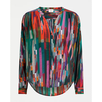 Colorful patterned blouse on a white background.