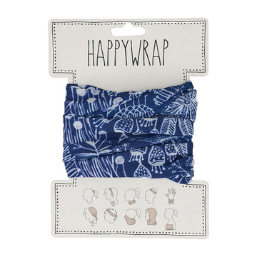 A floral fabric folded up around a white card with the heading 'Happywrap' at the top and a picture of 10 different ways to wear the happy wrap at the bottom.