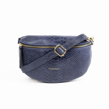 A bum bag with a snakeskin texture in navy.