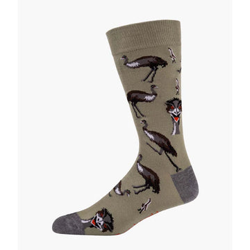 Sock with emu pattern on a beige background.