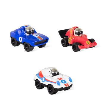 Three car toys pictured in different styles and colours.