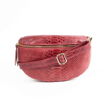 A bum bag with a snakeskin texture in red.