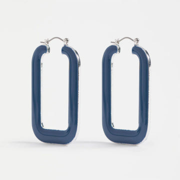 A pair of rectangle shaped hoop earrings in blue.