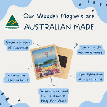 A wooden magnet illustrated with Canberra icons including hot air balloons, Parliament House and flowers.