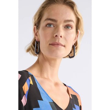 A pair of rectangle shaped hoop earrings in blue.