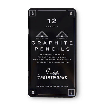 A black tin titled 'Graphite Pencils' with product information written in white.
