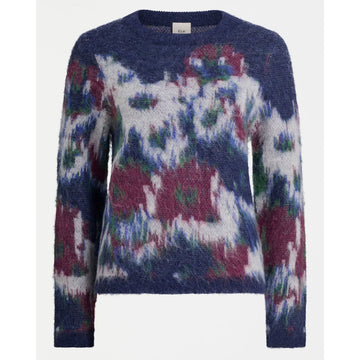 Multicolored sweater with abstract pattern on a white background.