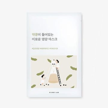 A sheet mask inside packaging with Korean text and an illustration of two women.