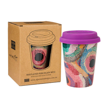 Colorful insulated mug with purple lid next to its packaging box on a white background.