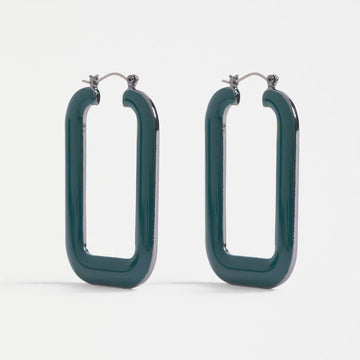 Teal square shaped hoop earrings on a white background.