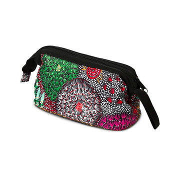 Multicolored patterned pouch with black zipper on a white background.