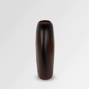 Front view of a tall rounded vase with brown swirls in resin.