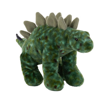 A soft toy shaped like a green stegosaurus. 